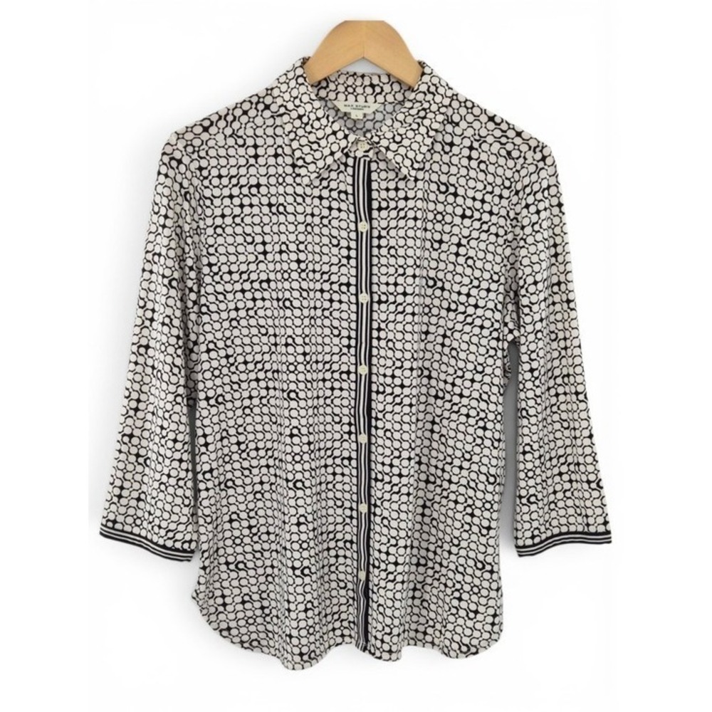 Max Studio Black White Abstract Circle Print Button Blouse L Collared Office Top
